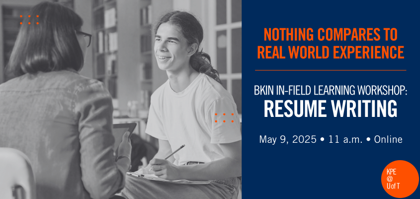 Young learner consulting with older mentor who's holding a pencil and document with text 'nothing compares to real world experience: in-field learning workshop: resume writing May 9, 2025 at 11 a.m. online''