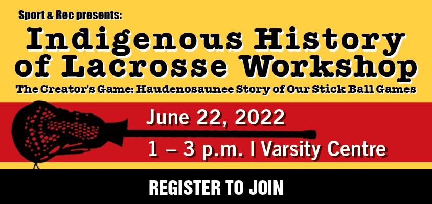 Graphic Web Banner for the Indigenous History of Lacrosse Workshop, brought to you by Sport and Rec. Details below. 