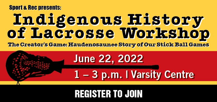 Graphic Web Banner for the Indigenous History of Lacrosse Workshop, brought to you by Sport and Rec. Details below.
