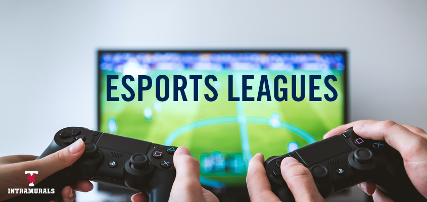 two people holding playstation controllers and playing virtual soccer game with overlaid text: summer esports leagues
