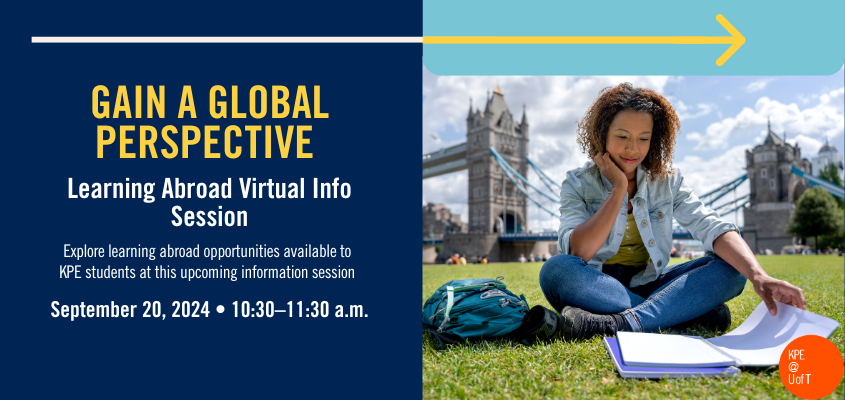 female student sitting on grass reading in front of historic building with event title, date, time and location