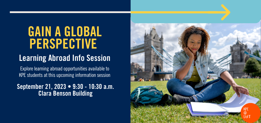 female student sitting on grass reading in front of historic building with event title, date, time and location