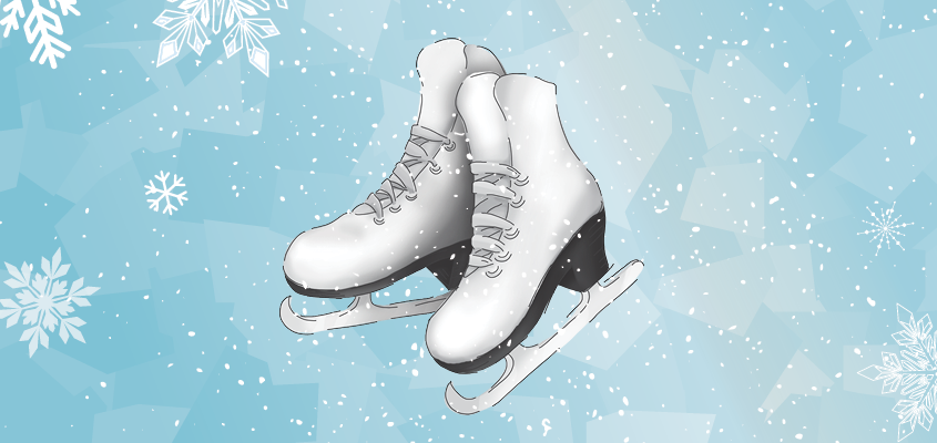 Illustrated image of a pair of white figure skates floating on an icy blue backgorund with snowflakes on it