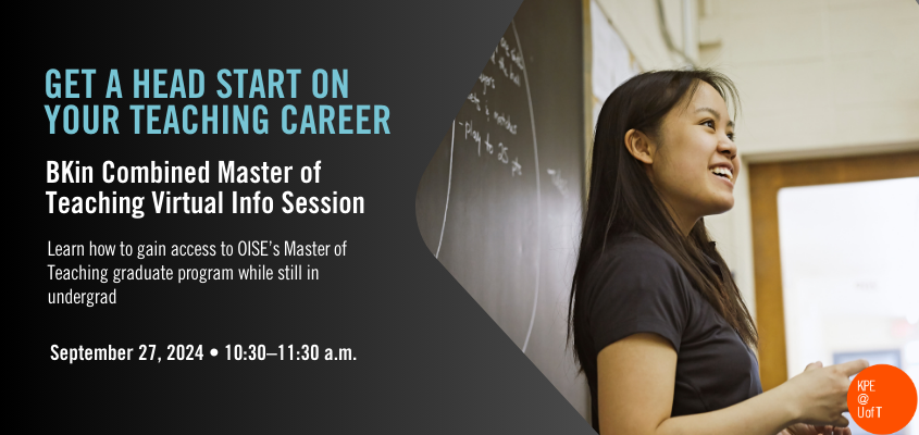 female student in front of chalkboard with event title, date, time and location