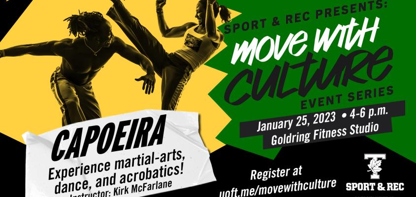 Green, yellow and black background. Image shows two individuals practicing capoeira. A man ducks as a women performas a high kick over his head.