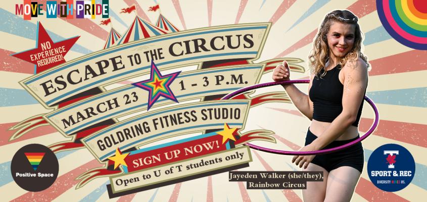 Curicus themed event poster shows Jayden, the instructor, in a hoola hoop. 