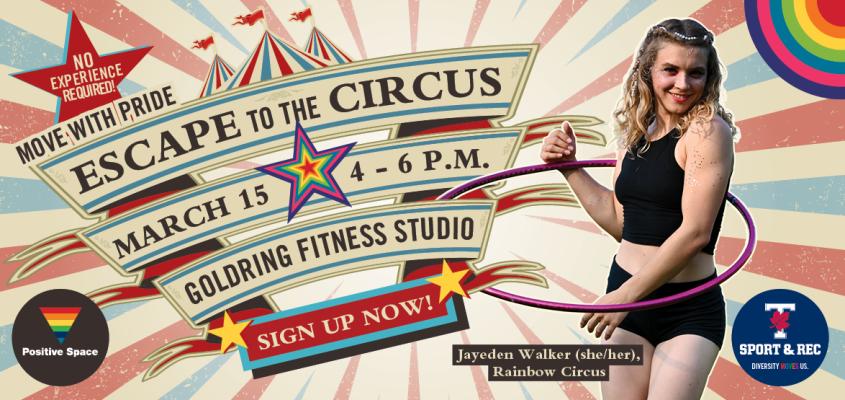 Curicus themed event poster shows Jayden, the instructor, in a hoola hoop.