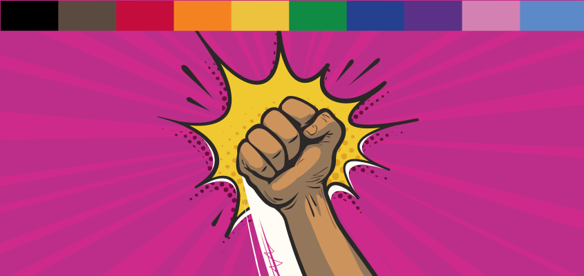 Fist punching upward with power around it on a pink background. Rainbow on top. 