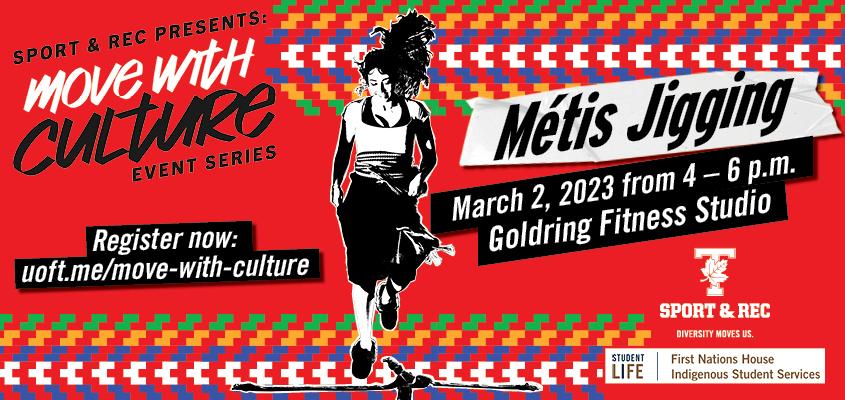 Poster for Metis Jigging Workshop with photo of Metis women dancing 