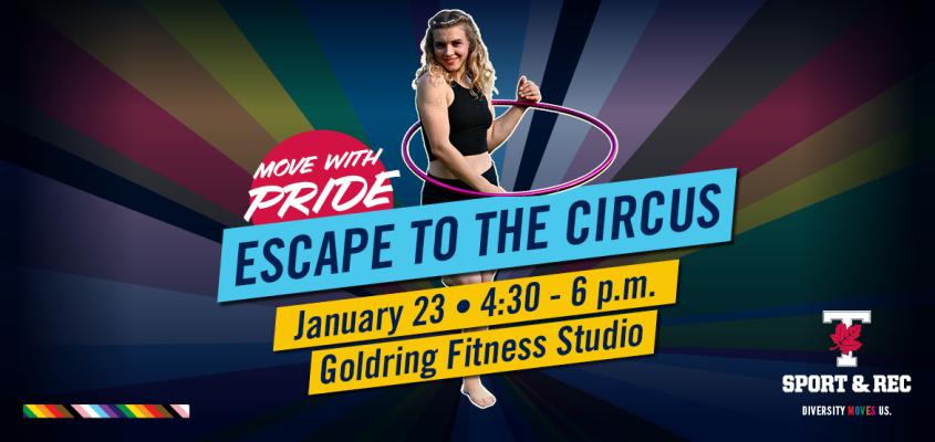 Event poster shows Jayden, the instructor, playfull posing in a hoola hoop.