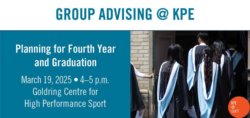white text on blue background with event title, date, time beside students in graduation gowns entering building