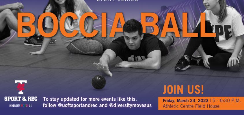 Image shows three students playing boccia ball. The one in the middle roles the ball while lying on thier stomach. The other two water excitedly.