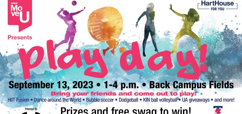 Play Day promotional poster with four colourful silhouettes playing different ativities.