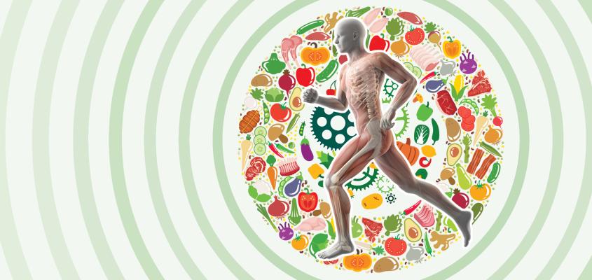 illustration of human jogging surrounded by fruits and vegetables