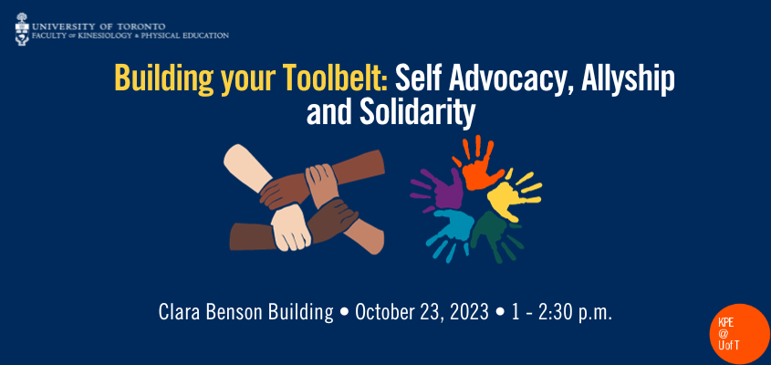 Building your toolbelt: self advocacy, allyship and solidarity. Pictured: hands of various colours holding onto each other and colourful rainbow hands together.