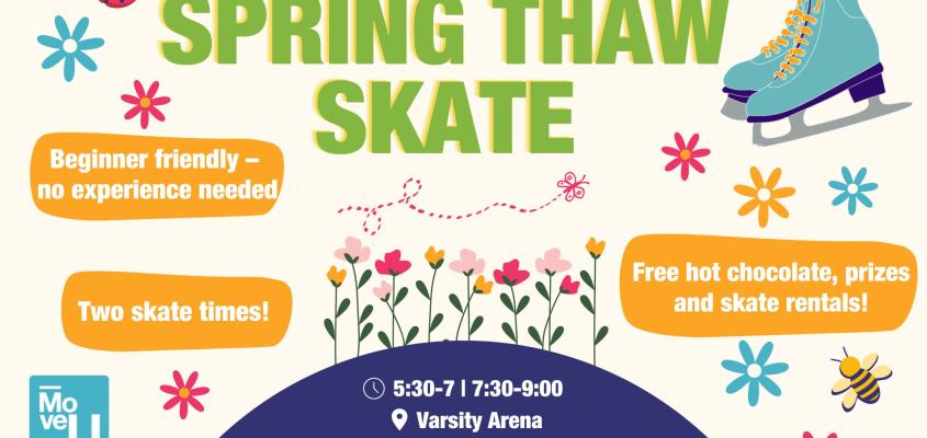 Sprong Thaw Skate poster picturing a pair of skates, flowers, a butterfly and a bee. 