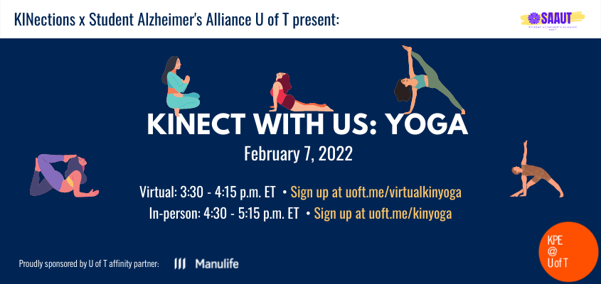 illustrated women in various yoga poses on a blue background, accompanied by event title, date and registration URL text