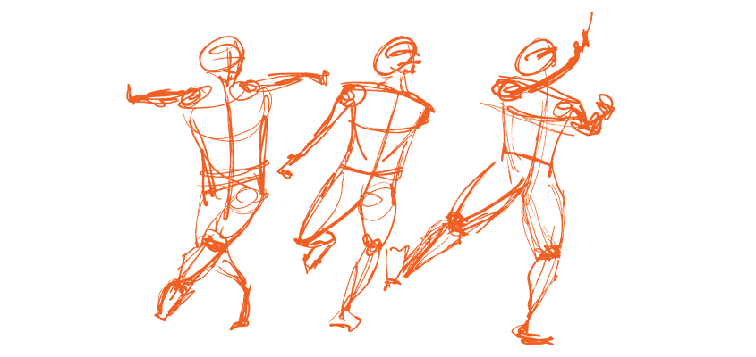 three line drawings of figures in motion