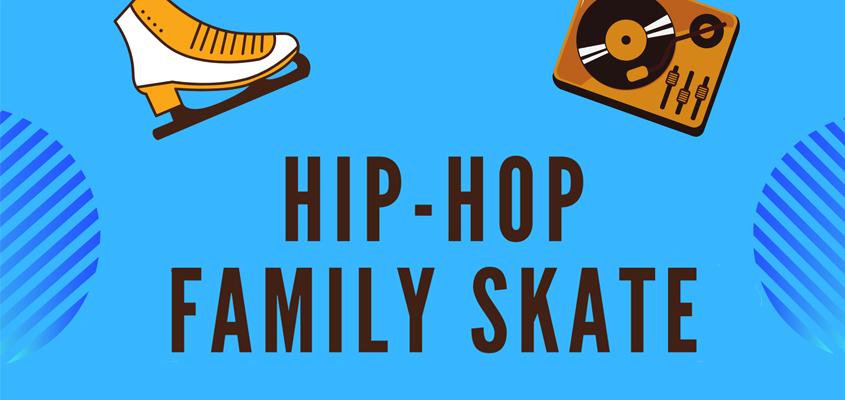 illustration of skates and turntable with text: Hip hop family skate