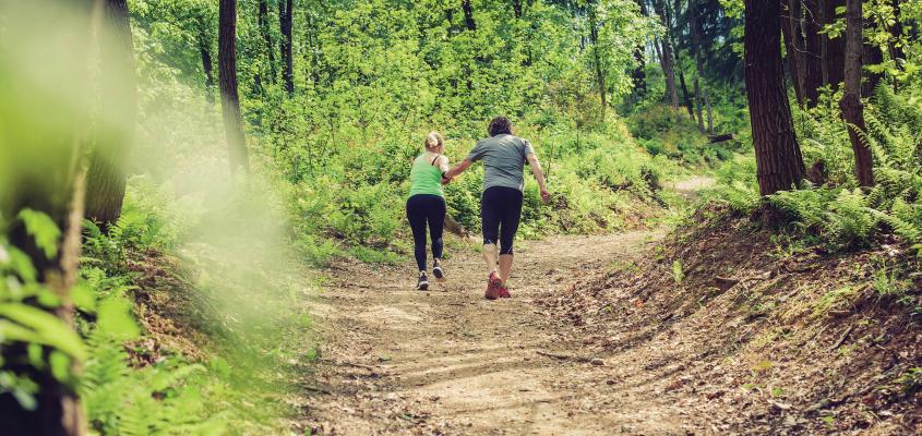 hikers holding hands while walking up hill