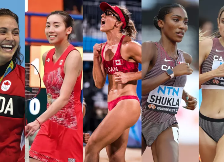 Composite image of five former Varsity Blues athletes who are competing in the 2024 Paris Olympics (Kylie Masse, Michelle Li, Heather Bansley, Jazz Shukla and Lucia Stafford)