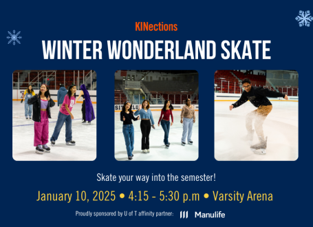 snapshots of students ice skating on blue background with illustrated trees and snowflakes