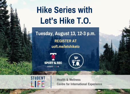 Hiking poster showing a dirt trail with green grass and pine trees on either side. The trail curves up to the left. 