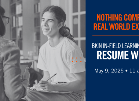 Young learner consulting with older mentor who's holding a pencil and document with text 'nothing compares to real world experience: in-field learning workshop: resume writing May 9, 2025 at 11 a.m. online''