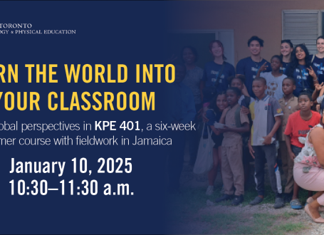 jamaican children and KPE students posing outdoors with text: 'turn the world into your classroom'