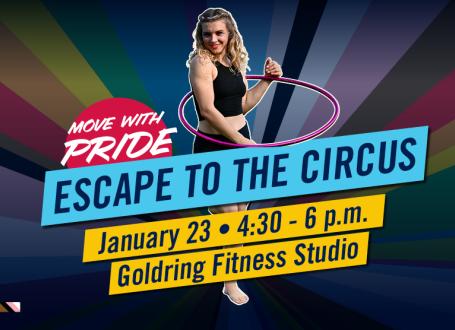 Event poster shows Jayden, the instructor, playfull posing in a hoola hoop. 