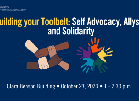 Building your toolbelt: self advocacy, allyship and solidarity. Pictured: hands of various colours holding onto each other and colourful rainbow hands together. 