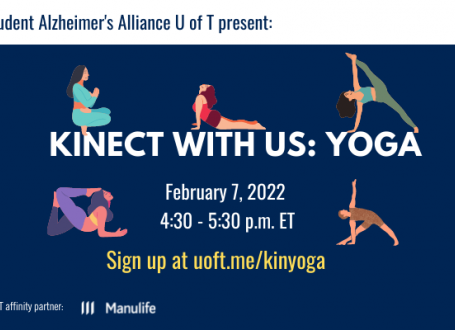 illustrated women in various yoga poses on a blue background, accompanied by event title, date and registration URL text