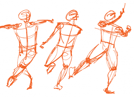 three line drawings of figures in motion